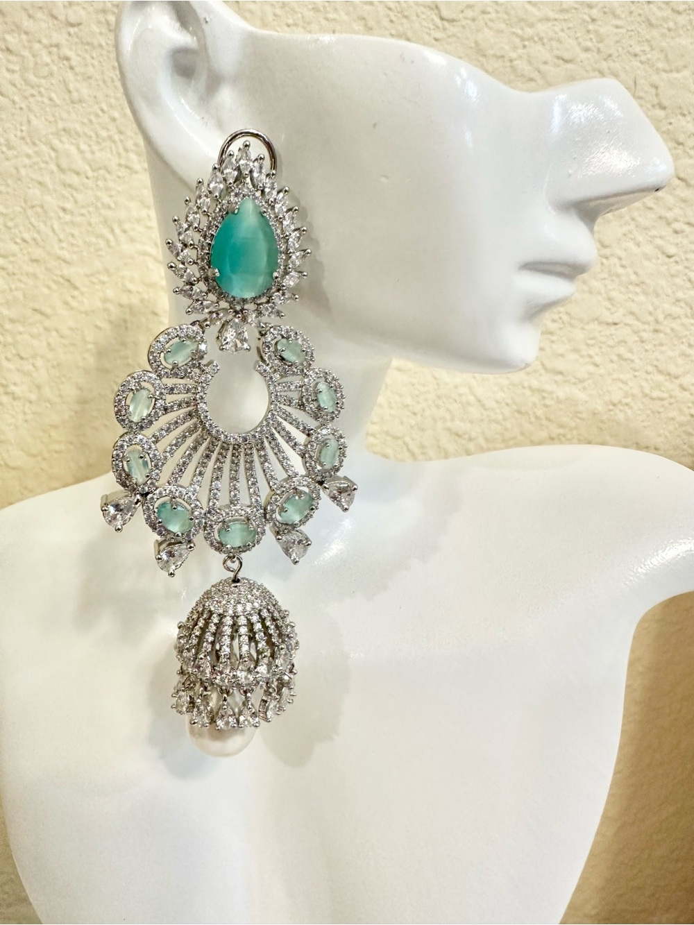4” Rhodium Plated CZ & Ice Mint Green/Blue Jhumka Style Earrings - High-End